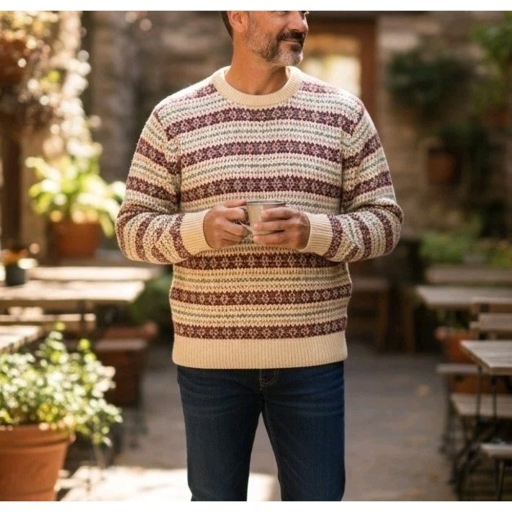 Vintage Lord Jeff Knit Sweater Mens L Fair Isle Grandpa Wintuk Orlon Beige USA